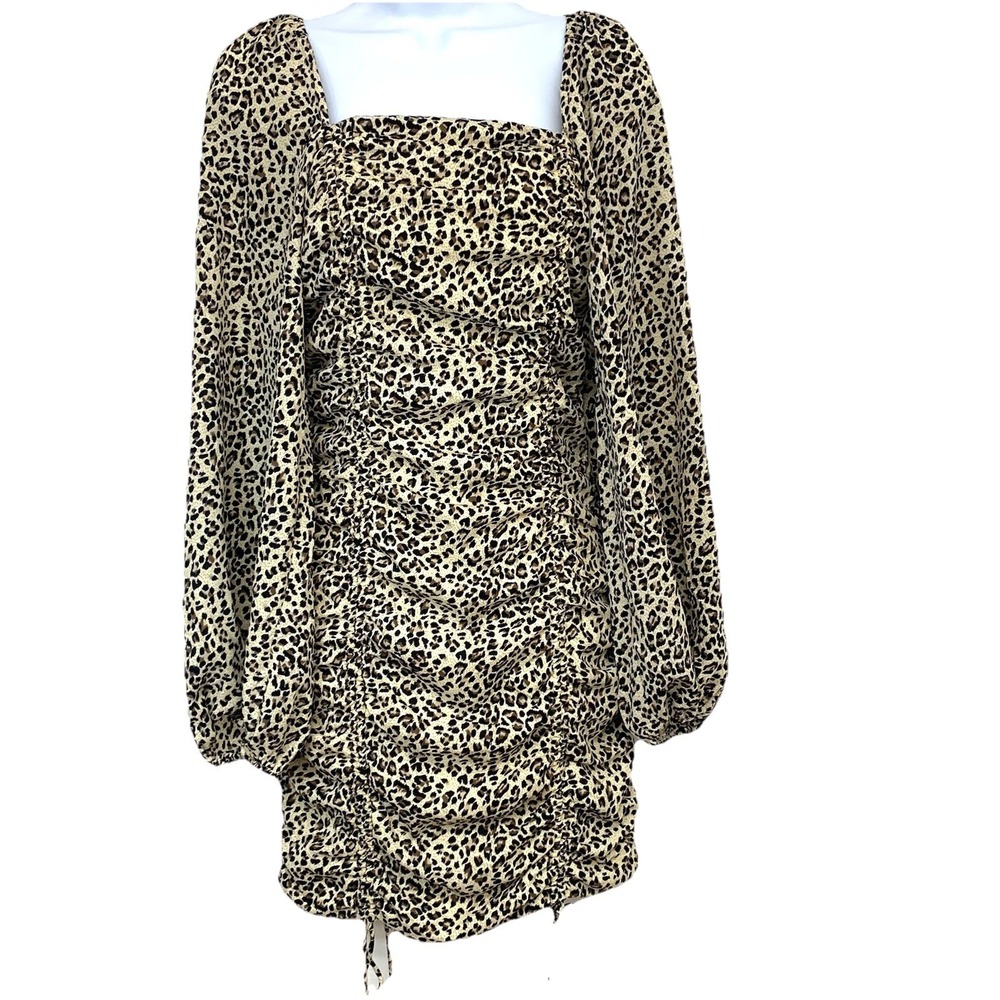 O Vianco Leopard Print Long Puff Sleeve Mini Dress Ruched Smocked Back Small‎